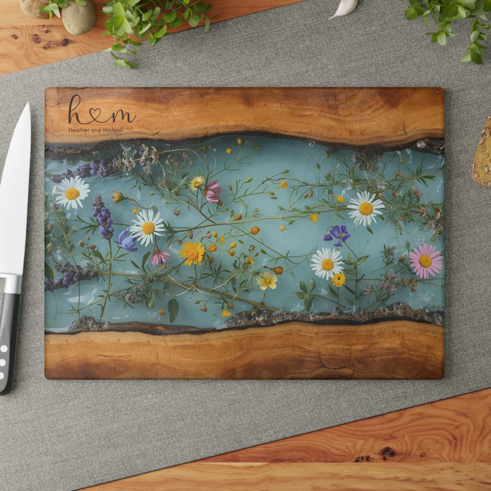 Personalized Glass Charcuterie Board, Custom Couples Names Cutting Board, Maple Wildflower Design, Housewarming Married Wedding Gift, 0531