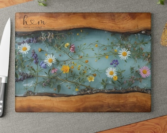 Tabla de charcutería de cristal personalizada, tabla de cortar personalizada con nombres de pareja, diseño de flores silvestres de arce, regalo de boda para inauguración de la casa, 0531