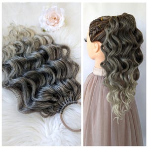 Blonde Ombre Curly Ponytail Extension – Short Synthetic Hair on Elastic Band, Dark Blonde to light blonde Curly Bun, Curly Hairpiece wig