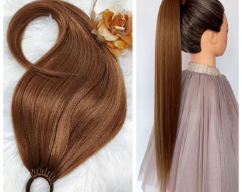 Ginger Copper Ponytail Extension, Straight Synthetic Hairpiece on Elastic Band