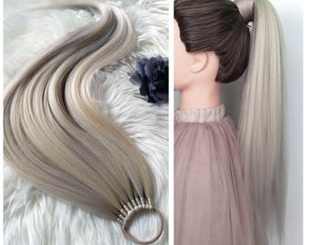 Ash Blonde Ponytail Extension, Straight Melange Synthetic Hairpiece on Elastic Band