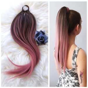 Ombre Ponytail Hair Extension: Brown to Pink Synthetic Wig