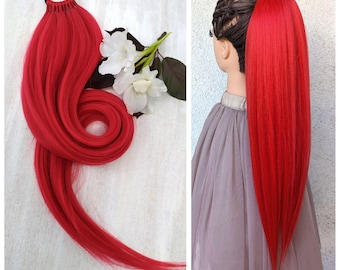 Red Ponytail Extension, Straight Synthetic Hairpiece on Elastic Band