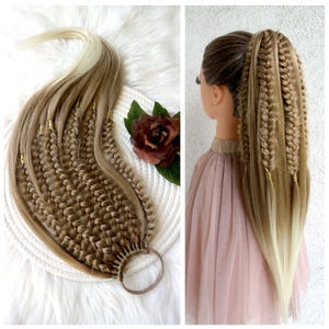 Blonde Ombre Synthetic Ponytail Extension with Braids & Beads - Dark Blonde ClipIn Hairpiece, Fake Hair on Elastic Band, Long Braid Hair Wig