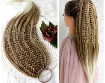 Honey Blonde Ponytail Extension with Braids, Ombre Synthetic Hairpiece on Elastic Band