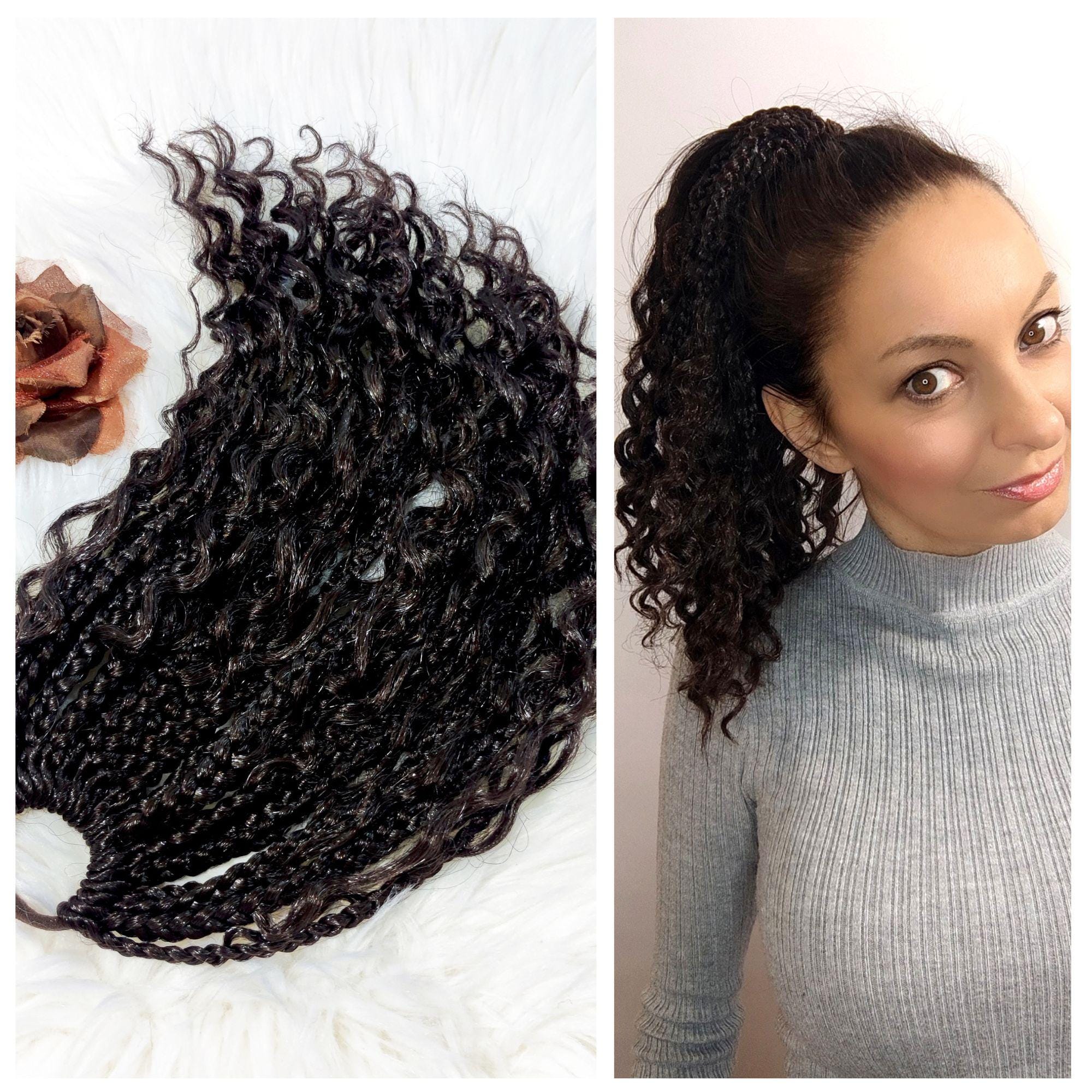 ダークブラウンの編み込みポニーテールエクステンション、ゴムバンド