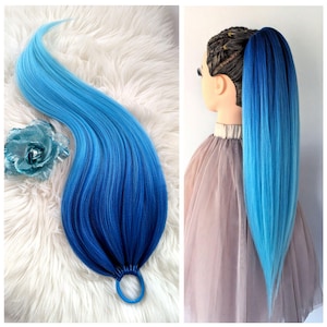 Blue Tuquoise Ombre Ponytail – Synthetic Hair Extension on Elastic Band, Festival Hairpiece, Gradient Ponytail Wig, Boho Hair Decoration
