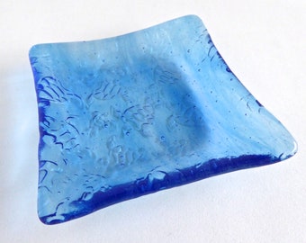 Streaky Blue Fused Glass Turtle Imprint Square Plate by BPRDesigns