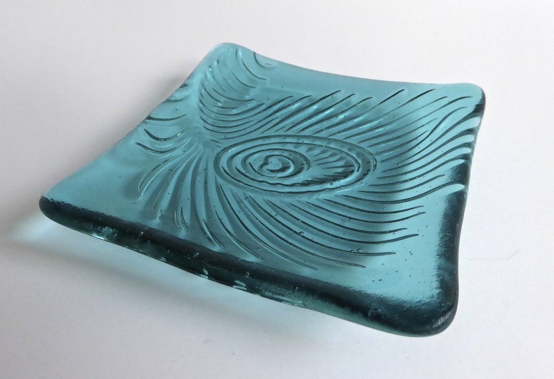 Light Aqua Fused Glass Peacock Feather Imprint Plate by BPRDesigns image 2