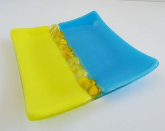 Fused Glass Murrini Plate in Cyan Blue and Yellow by BPRDesigns