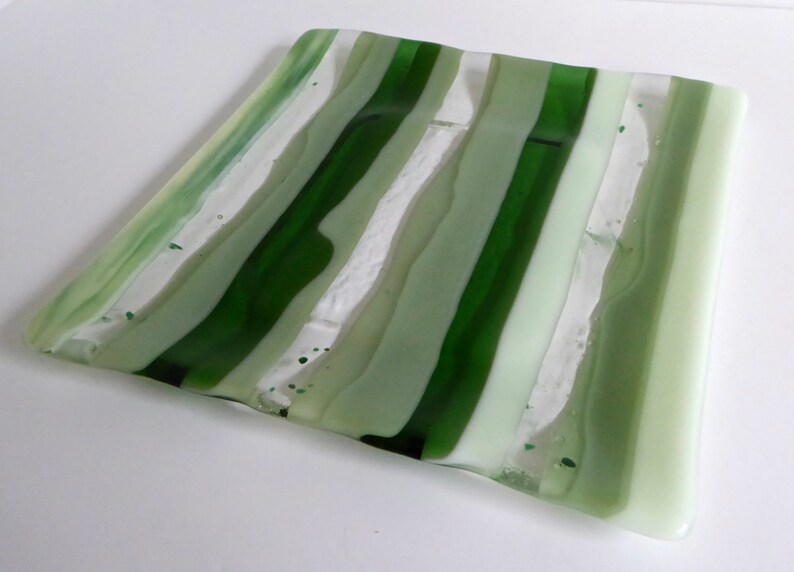 Square Fused Glass Plate in Stripes of Green by Bprdesigns Etsy