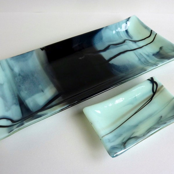 Fused Glass Sushi Set in Seafoam and Black