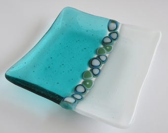 Fused Glass Murrini Plate in Light Aqua and White by BPRDesigns