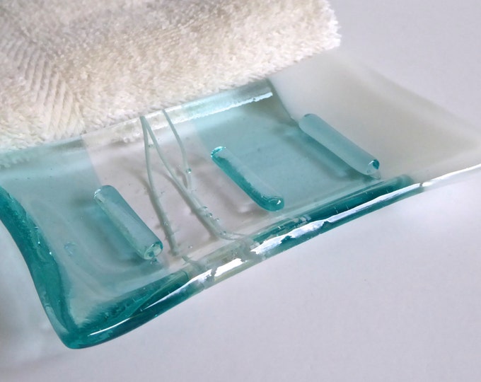 Fused Glass Soap Dish in White and Pale Aqua by Bprdesigns Etsy
