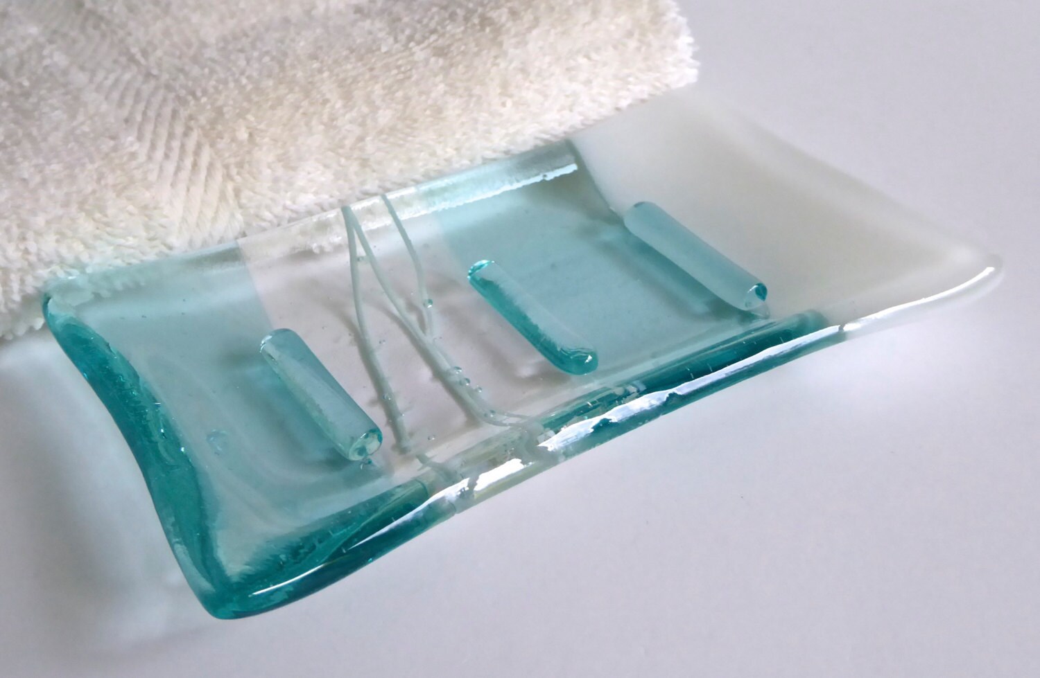 Fused Glass Soap Dish in White and Pale Aqua by BPRDesigns Etsy