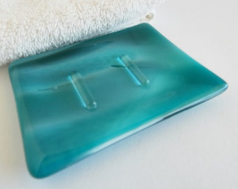 Streaky Peacock Blue Fused Glass Soap Dish by BPRDesigns