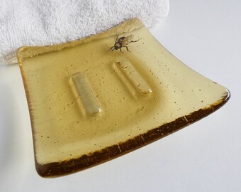 Bee Square Soap Dish in Light Amber Fused Glass by BPRDesigns