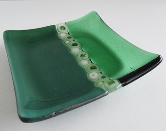 Fused Glass Murrini Plate in Shades of Green by BPRDesigns