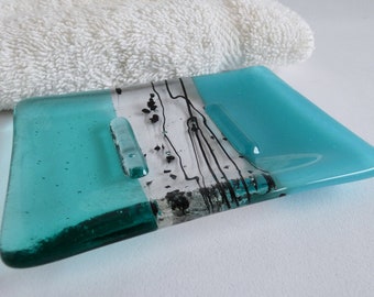 Fused Glass Soap Dish in Aqua and Turquoise by BPRDesigns