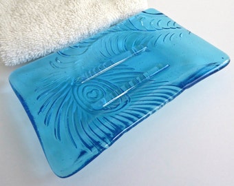 Peacock Feather Imprint Soap Dish in Light Turquoise Fused Glass by BPRDesigns