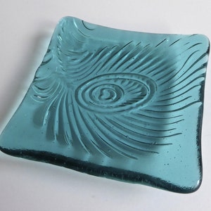 Light Aqua Fused Glass Peacock Feather Imprint Plate by BPRDesigns image 1