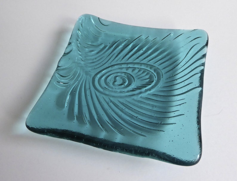 Light Aqua Fused Glass Peacock Feather Imprint Plate by BPRDesigns image 1