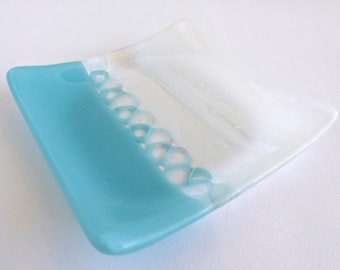 Fused Glass Murrini Plate in Turquoise and Streaky White by BPRDesigns