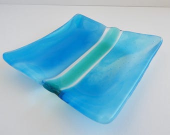 Turquoise and White Streaky Fused Glass Square Plate by BPRDesigns