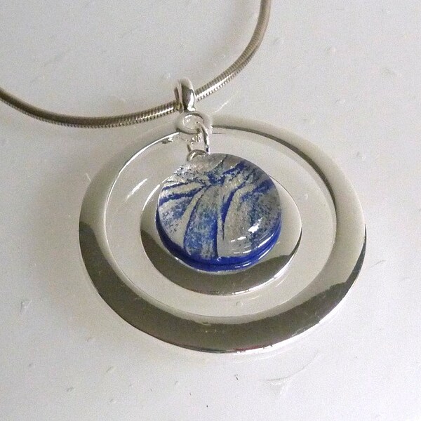 Fused Glass Pendant in Silver and Cobalt Blue