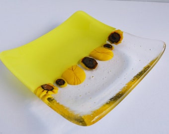 Fused Glass Murrini Plate in Yellow and Dark Blue by BPRDesigns