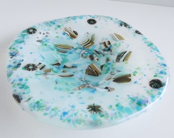 Fused Glass Dish in White Brown and Blue by BPR Designs