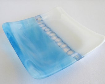 Fused Glass Murrini Plate in White and Streaky Turquoise by BPRDesigns