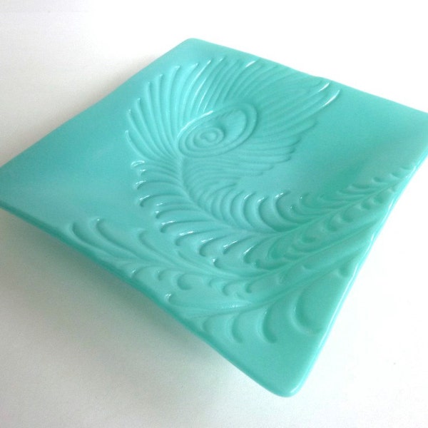 Peacock Feather Imprinted Dish in Turquoise Opaque Fused Glass