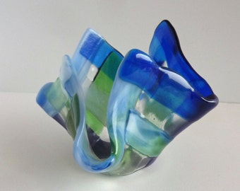 Fused Glass Votive Candle Holder in Blues and Greens by BPRDesigns