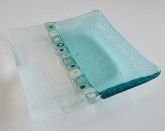 Fused Glass Murrini Plate in Streaky White and Pale Aqua by BPRDesigns