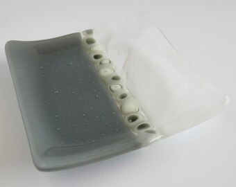 Fused Glass Murrini Plate in Gray and Streaky White by BPRDesigns