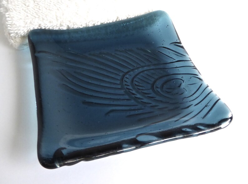 Sea Blue Fused Glass Peacock Feather Imprint Square Plate by BPRDesigns image 2