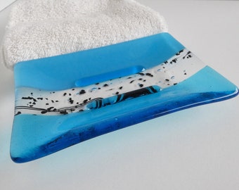 Large Fused Glass Soap Dish Turquoise and Cyan Blue by BPR Designs