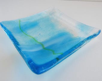 Turquoise and White Streaky Fused Glass Square Plate by BPRDesigns