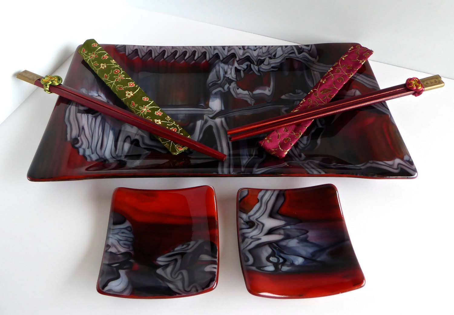 Fused Glass Sushi Plate Set in Tomato Red White and Black by Etsy