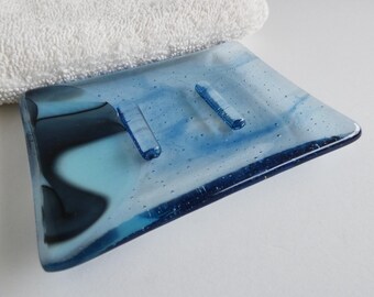 Fused Glass Soap Dish in Streaky Blue, Gray and Black by BPRDesigns