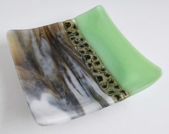 Fused Glass Murrini Plate in Mint Green and Streaky Brown by BPRDesigns