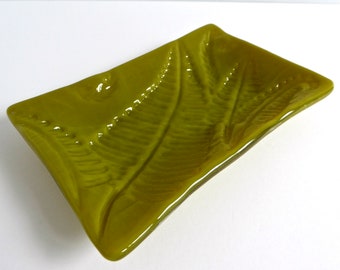 Fused Glass Fern Leaf Imprint Dish in Golden Green by BPRDesigns