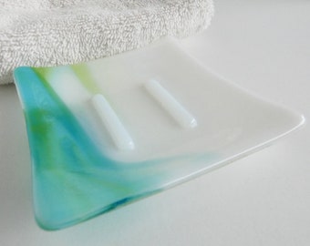 Square Soap Dish in Turquoise, Green and White Streaky Fused Glass by BPRDesigns