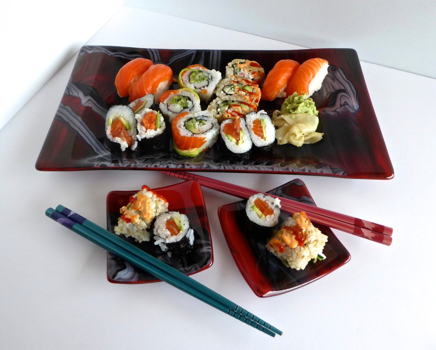 Fused Glass Sushi Plate Set in Tomato Red White and Black by Etsy