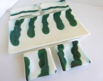 Fused Glass Five Piece Sushi Set in White and Green by BPRDesigns