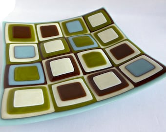 Fused Glass Plate in Blues, Greens, Brown and French Vanilla by BPRDesigns