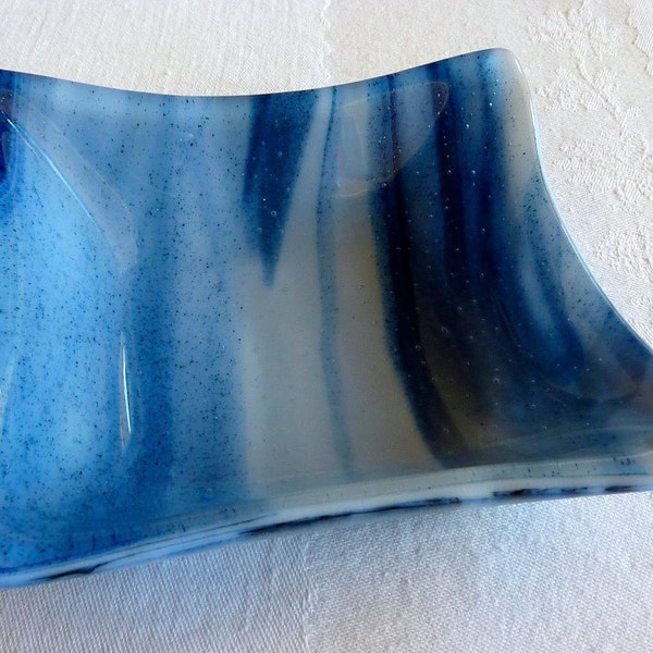 Half-Price Sale Fused Glass Dish in Adventurine Blue and White