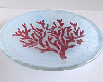 Fused Glass Coral Dish in Red and Pale Blue by BPR Designs