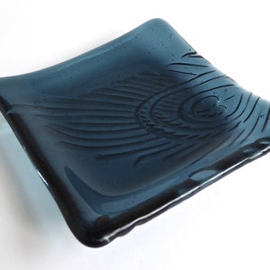 Sea Blue Fused Glass Peacock Feather Imprint Square Plate by BPRDesigns image 1